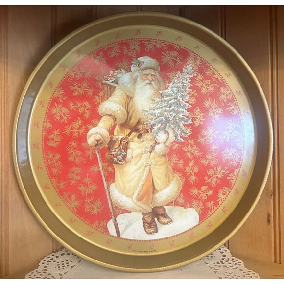 Vintage Christmas Santa Decorative Round Metal Tray Gold Red Holiday Collectible - Picture 1 of 4